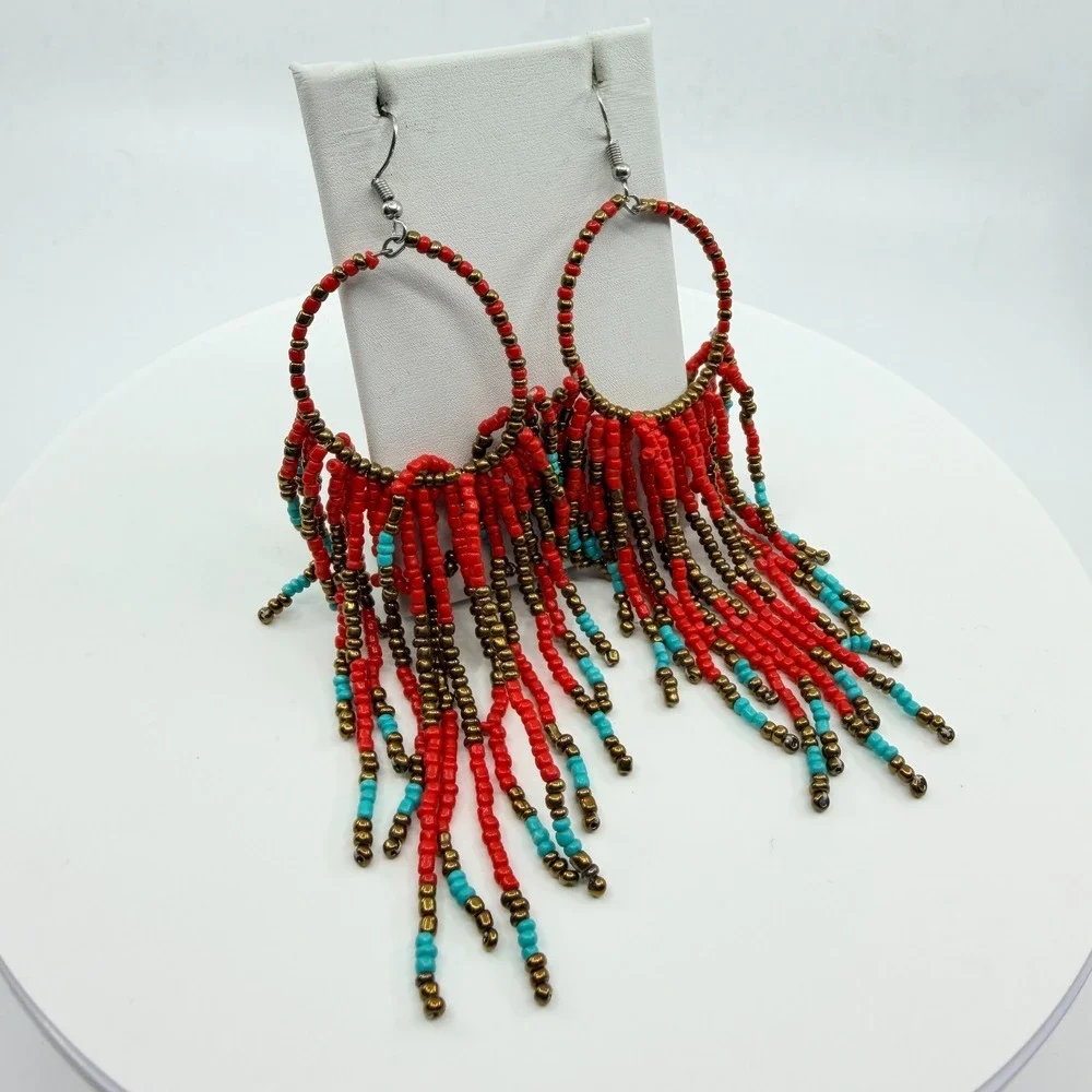 VTG Beaded Fringe Hoop Earrings Coral Red Turquoise Tone Festive Southwestern